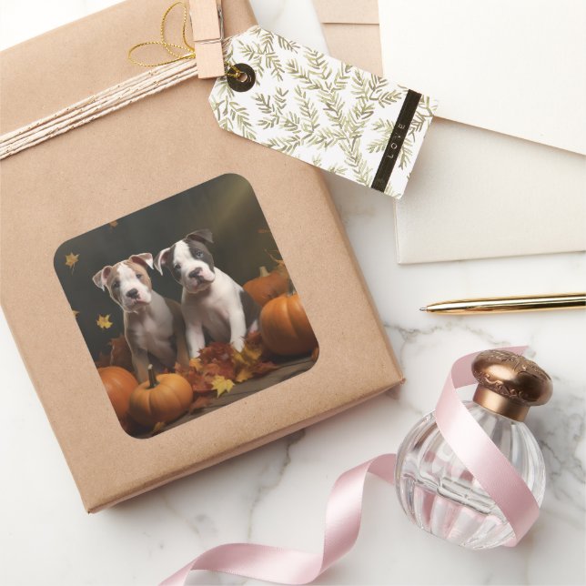 American Staffordshire Puppy Autumn Delight Square Sticker (Gifting)