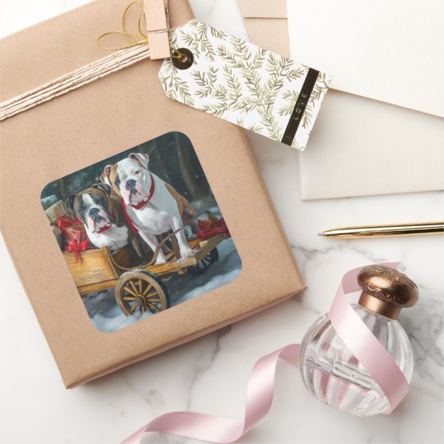 American Staffordshire Snowy Sleigh Christmas  Square Sticker (Gifting)