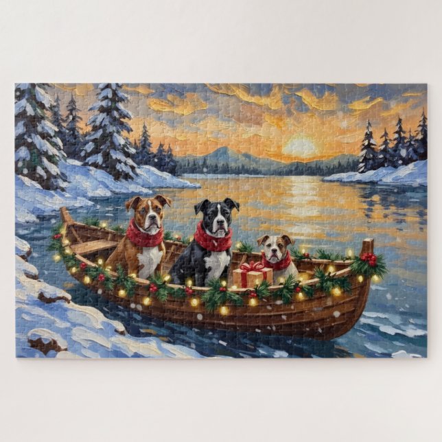 American Staffordshire Terrier Christmas Boat Jigsaw Puzzle (Horizontal)