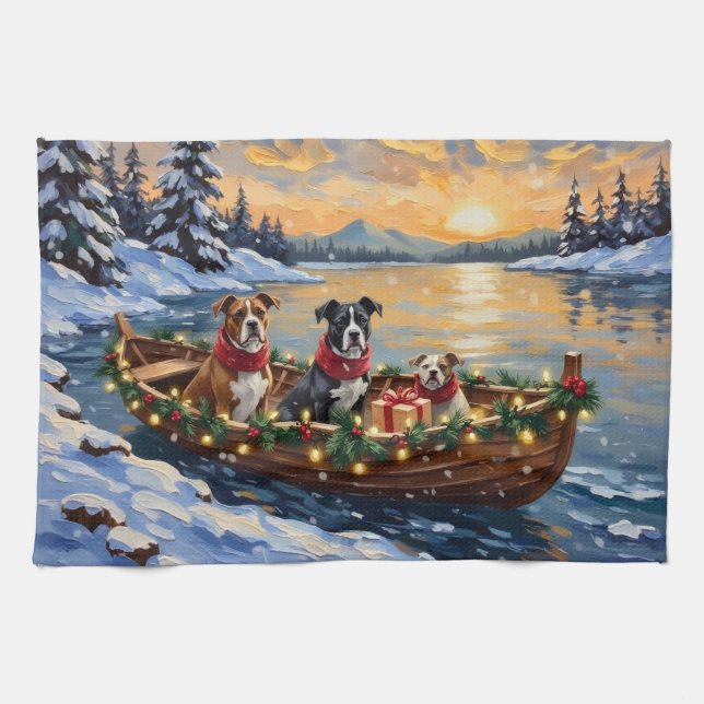 American Staffordshire Terrier Christmas Boat Tea Towel (Horizontal)