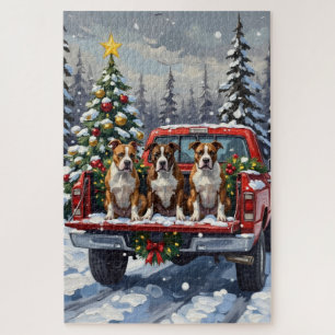 American Staffordshire Terrier Christmas Red Truck Jigsaw Puzzle