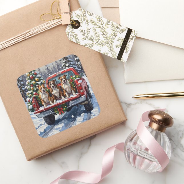 American Staffordshire Terrier Christmas Red Truck Square Sticker (Gifting)