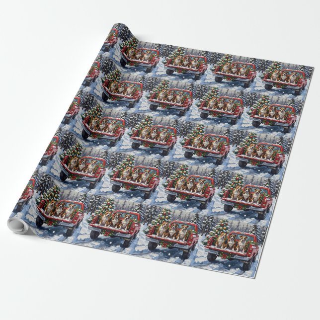American Staffordshire Terrier Christmas Red Truck Wrapping Paper (Unrolled)