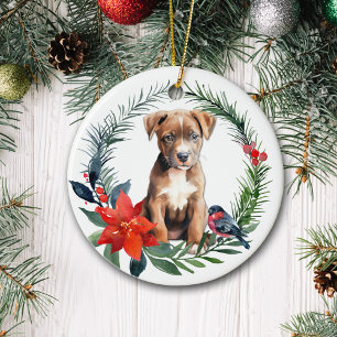 American Staffordshire Terrier Puppy Poinsettia Ceramic Ornament