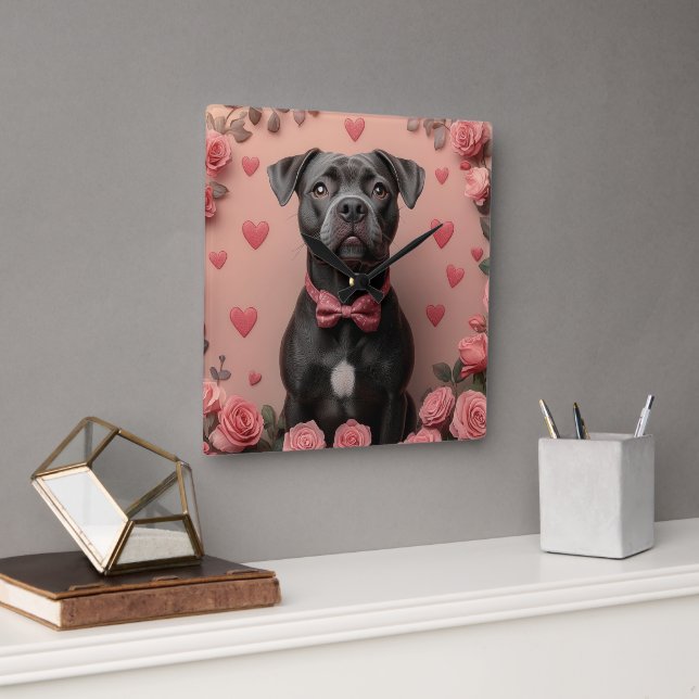 American Staffordshire with Roses -Valentine's Day Square Wall Clock (Office)