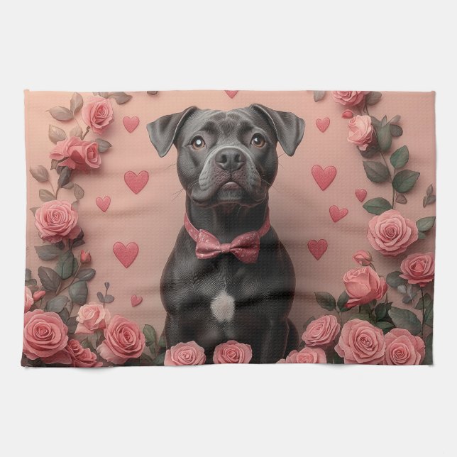 American Staffordshire with Roses -Valentine's Day Tea Towel (Horizontal)