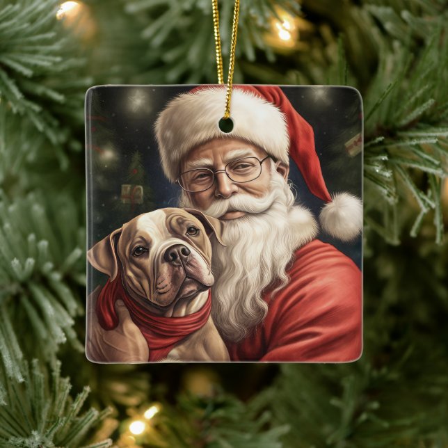 American Staffordshire with Santa Claus Christmas Ceramic Ornament (Tree)