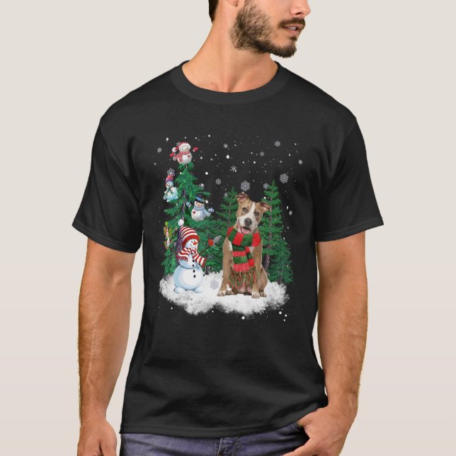 American Staffy Dog Christmas Snowman Xmas Tree Pa T-Shirt (Front)