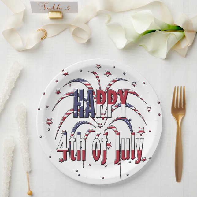 American Stars and Stripes Happy 4th of July Paper Plate (Wedding)