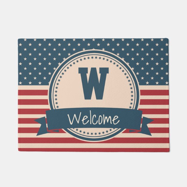American stars stripes patriotic flag monogram doormat (Front)