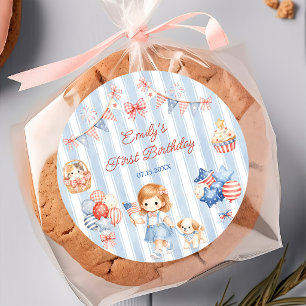 American Stripes Girl Birthday Party Classic Round Sticker