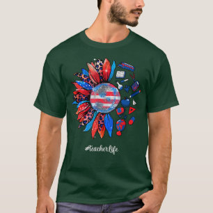 American Teacher Sunflower American Flag 4th Of Ju T-Shirt