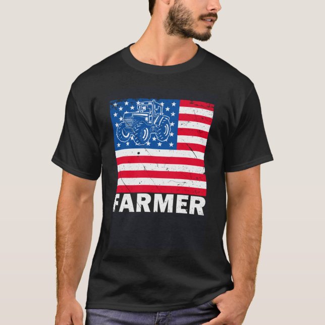 American Tractor Farmer Patriotic Farm USA Flag Li T-Shirt (Front)