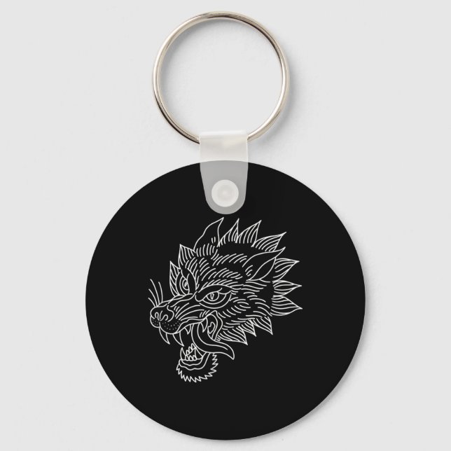 American Traditional Wolf Head Outline Tattoo  Key Ring (Front)