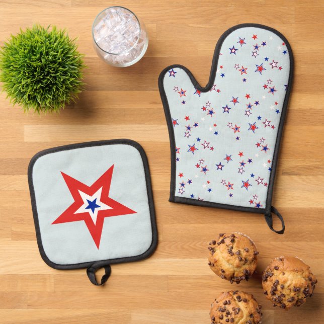 American Tri-Coloured Patriotic Stars Oven Mitt & Pot Holder Set (Top Down)