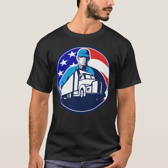 American Truck Driver Wearing Mask USA Flag female T-Shirt (Front)