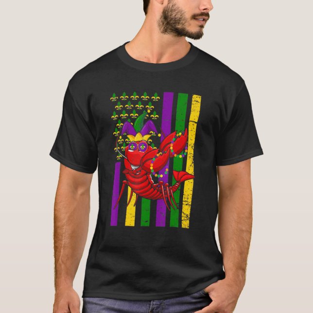 American US Flag Crawfish Funny Mardi Gras Carniva T-Shirt (Front)