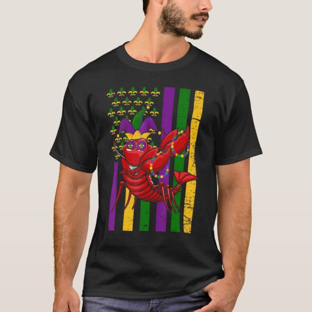 American US Flag Crawfish Funny Mardi Gras Carniva T-Shirt (Front)