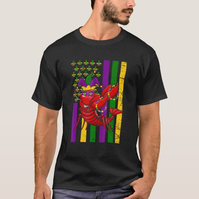 American US Flag Crawfish Funny Mardi Gras Carniva T-Shirt (Front)