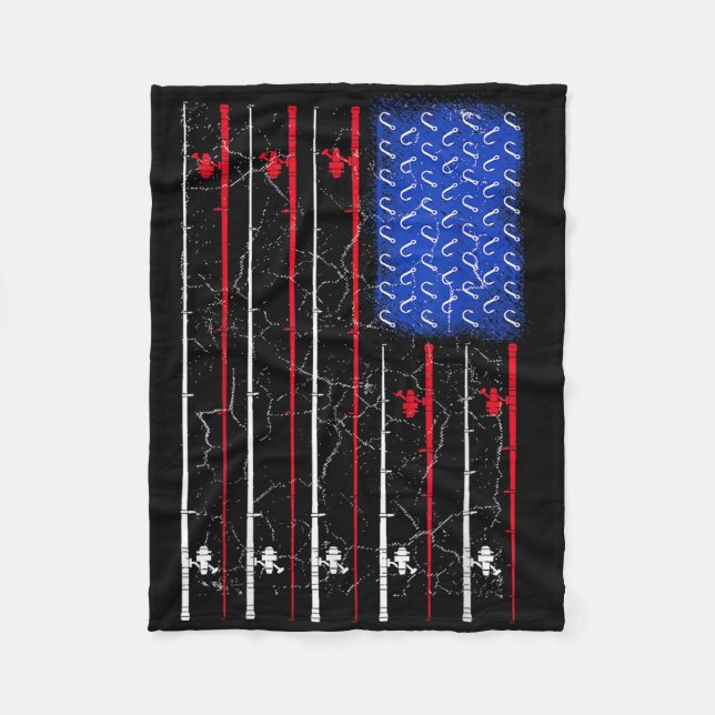 American Us Flag Fishing Rod Top, Cool Fisherman T Fleece Blanket (Front)