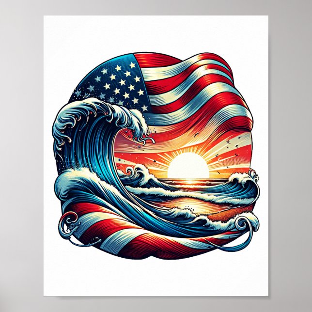 American USA Flag Beach Wave Sunset Patriotic Art Poster (Front)