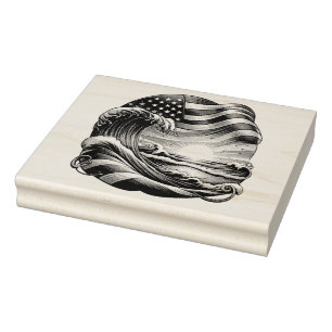 American USA Flag Beach Wave Sunset Patriotic Art Rubber Stamp