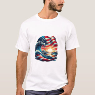 American USA Flag Beach Wave Sunset Patriotic Art T-Shirt