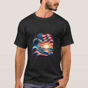 American USA Flag Beach Wave Sunset Patriotic Art T-Shirt