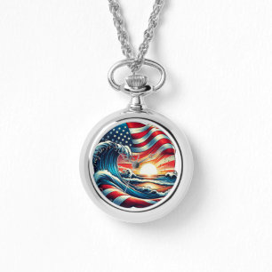American USA Flag Beach Wave Sunset Patriotic Art Watch