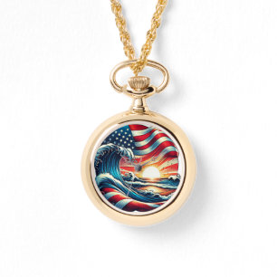 American USA Flag Beach Wave Sunset Patriotic Art Watch