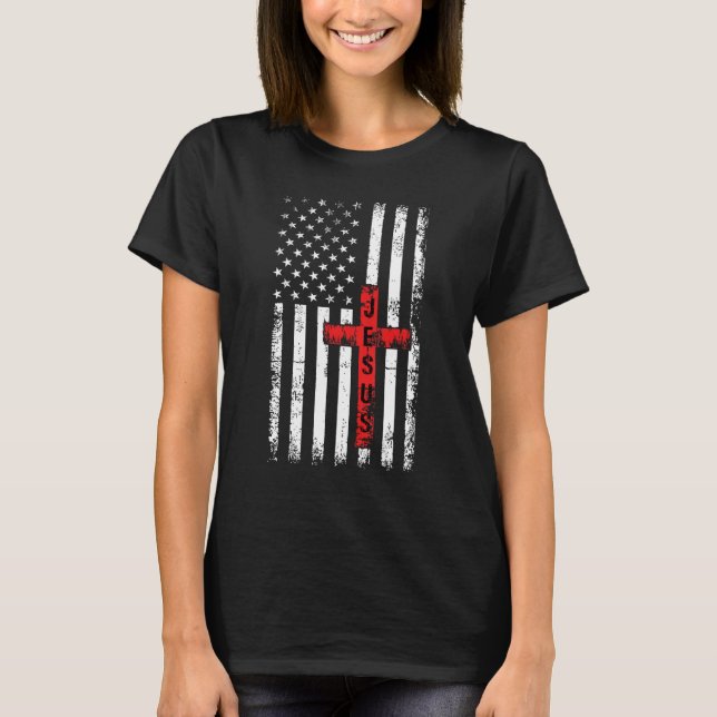 American USA Flag Christian Cross Jesus 4th Of Jul T-Shirt (Front)