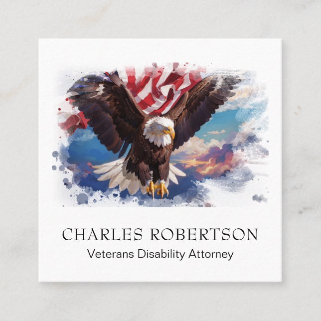 *~* American USA Flag Eagle Flying Sunset AP16 QR Square Business Card (Front)