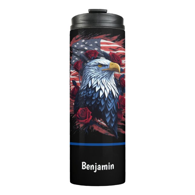 American USA Flag Eagle Roses Red White Blue Thermal Tumbler (Front)