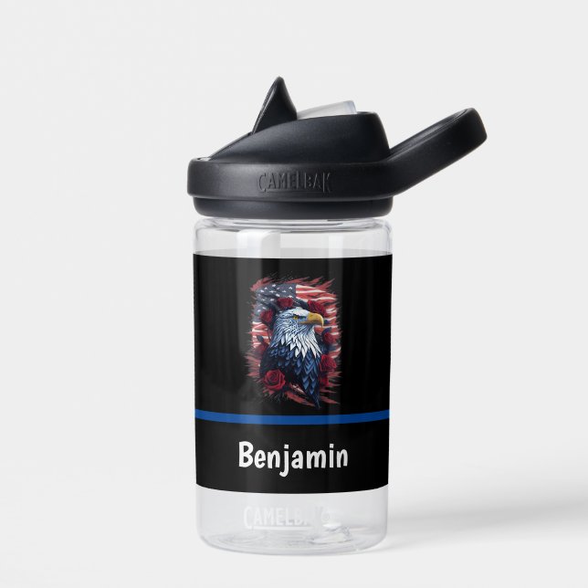 American USA Flag Eagle Roses Red White Blue Water Bottle (Left)