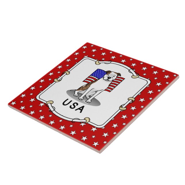 American USA Flag Pit Bull (lt brindle white 3) Ceramic Tile (Side)