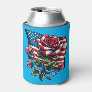 American USA Flag rose Patriotic Art Can Cooler