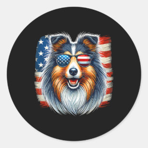 American Usa Flag Shetland Sheepdog Sheltie 4th Of Classic Round Sticker