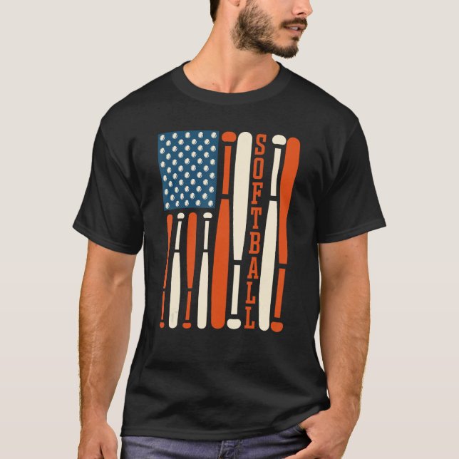 American USA Flag Softball Bat Softball Softball C T-Shirt (Front)