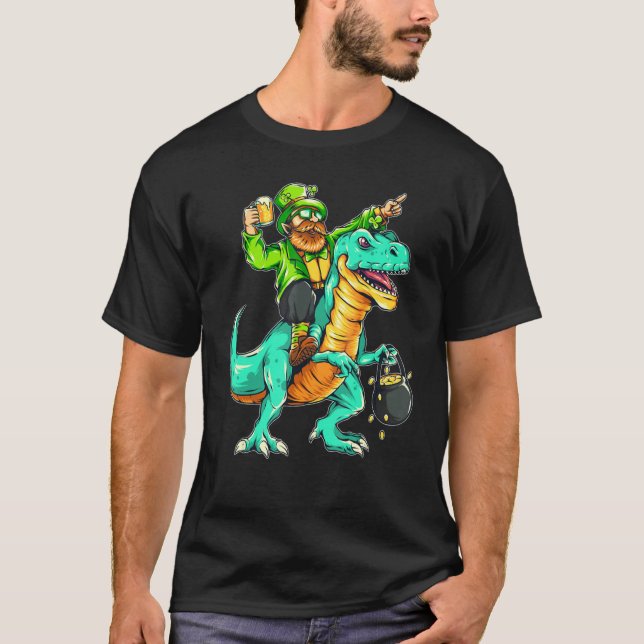 American USA Irish Flag St Patricks Day And T-Rex T-Shirt (Front)