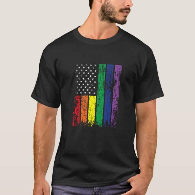 American USA Patriotic Rainbow Flag Gay Pride 4Th T-Shirt (Front)
