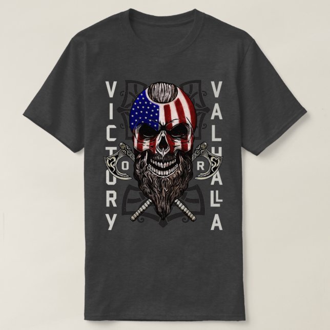 American Viking Victory Valhalla Ax Skull Flag T-Shirt (Design Front)