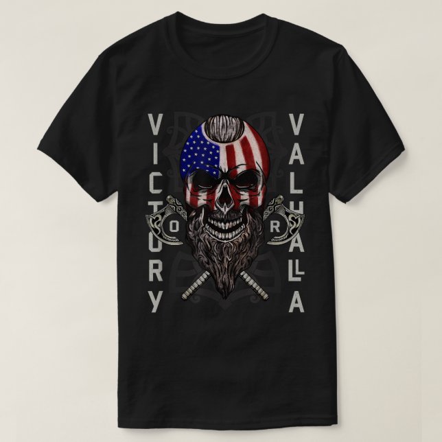 American Viking Victory Valhalla Axe & Skull Flag T-Shirt (Design Front)