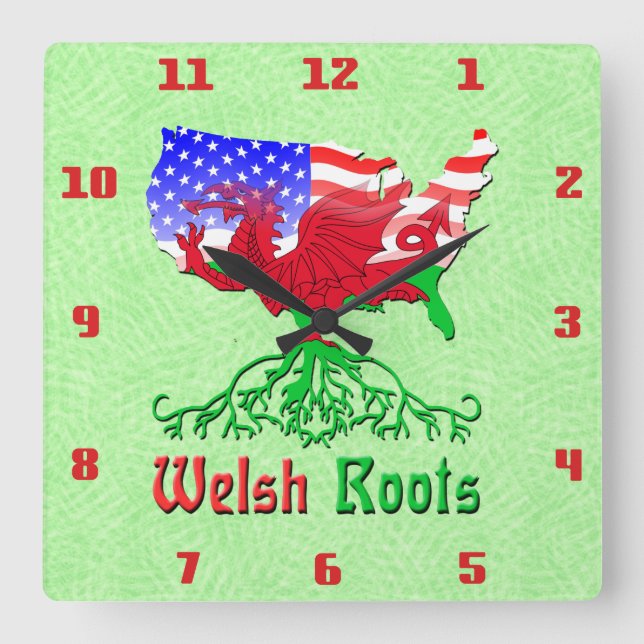 American Welsh Roots Square Wall Clock (Front)
