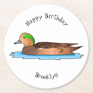 American wigeon bird cartoon illustration round paper coaster