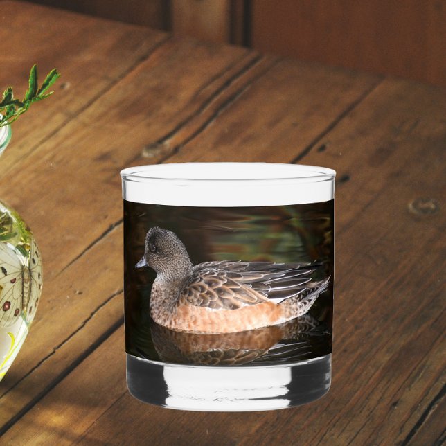 American Wigeon Duck Hen on Pond Whiskey Glass (In Situ Table)