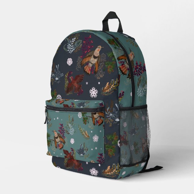 American Winter Birds Woodland Pattern Printed Backpack (Back Corner Right)