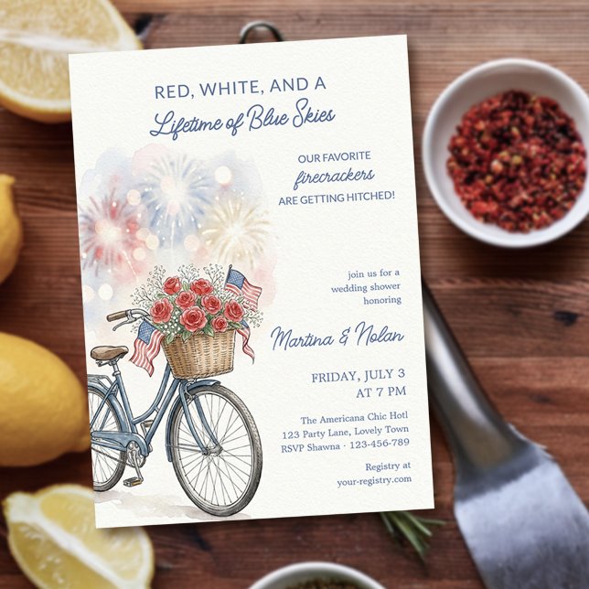 Americana Firework Red White & Blue Wedding Shower Invitation (Americana Chic 4th July invite - from Couples Shower Invitation collection by Darling & May)