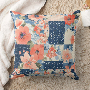 Americana Floral Patchwork Quilt in Navy and Coral Cushion