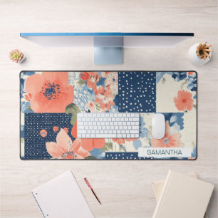 Americana Floral Patchwork Quilt in Navy and Coral Desk Mat