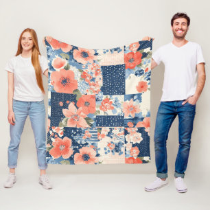 Americana Floral Patchwork Quilt in Navy and Coral Fleece Blanket